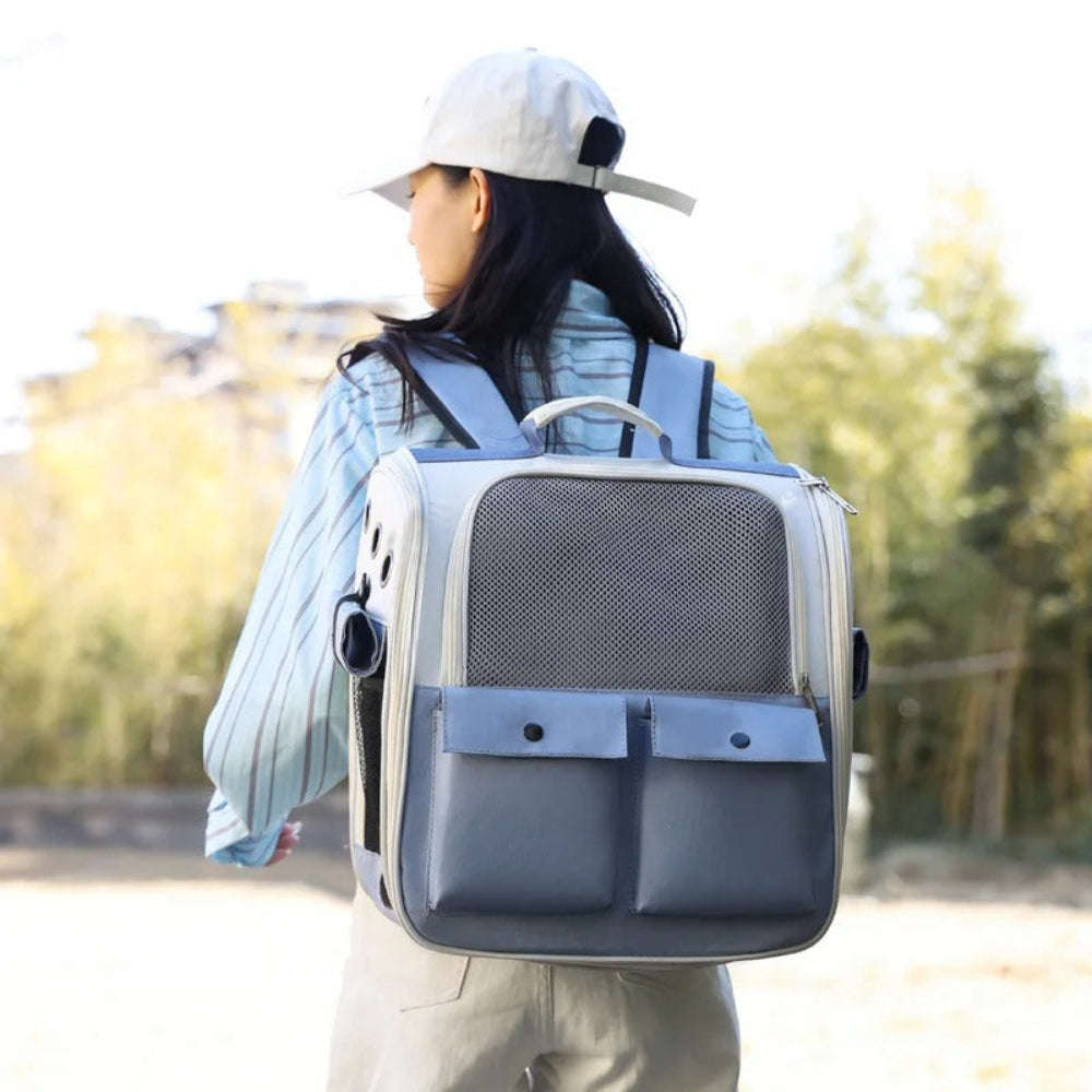 Person wearing a large gray backpack with a pet carrier on a blurred outdoor background