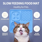 Cat with a blue slow feeding food mat on a purple background