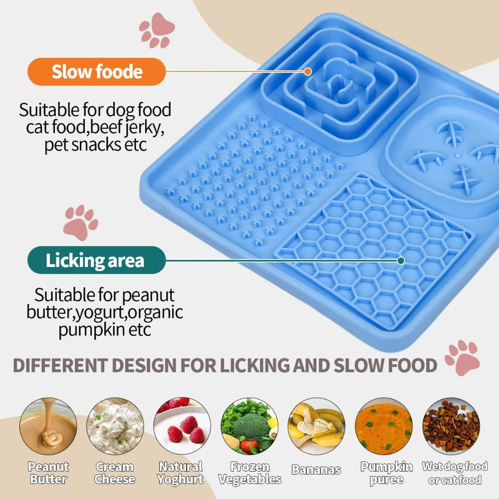 Blue silicone mat with different design sections for slow feeding and licking, suitable for pet snacks.
