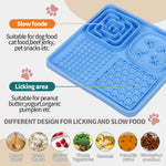 Blue silicone mat with different design sections for slow feeding and licking, suitable for pet snacks.