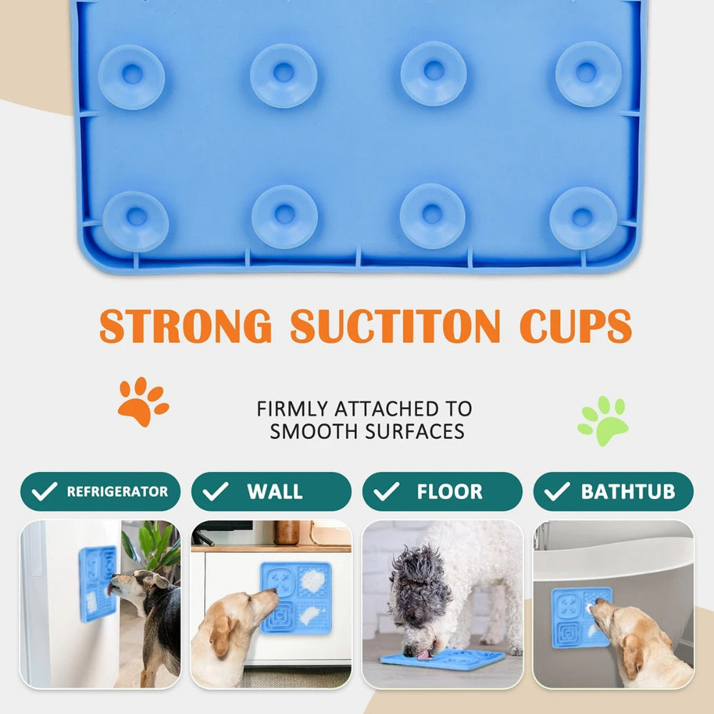 Blue silicone mat with suction cups for pets, showing its versatility on different surfaces.