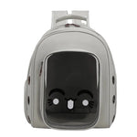 Gray pet carrier with a cute face design on a white background