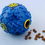 Blue textured dog toy with a yellow logo on a white background