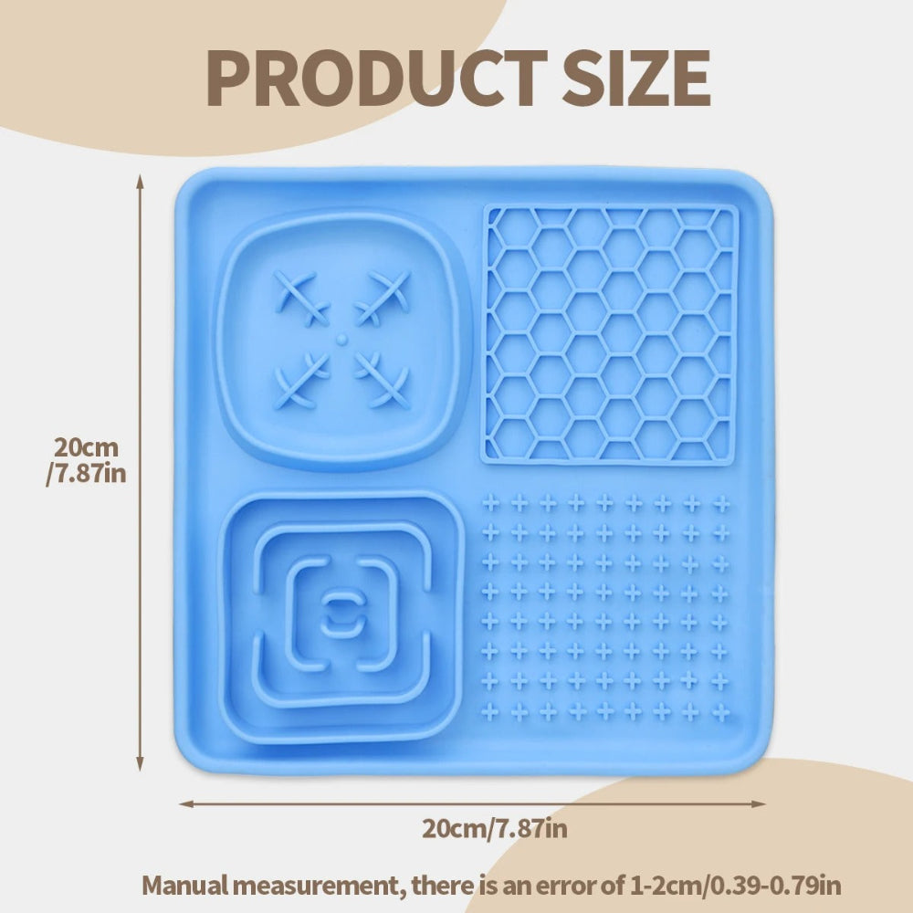Blue silicone mold with various shapes and patterns, shown with measurements on a beige background.