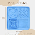 Blue silicone mold with various shapes and patterns, shown with measurements on a beige background.