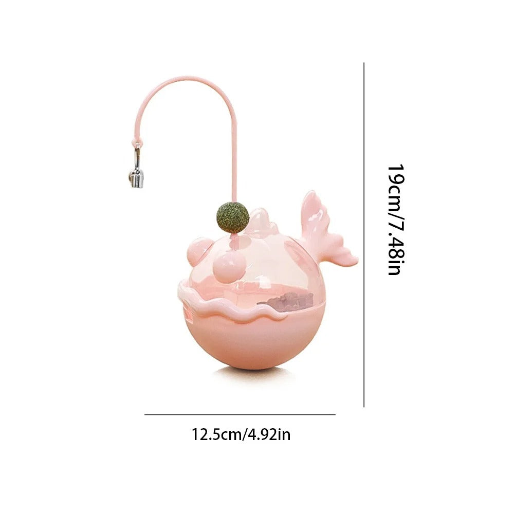 Pink whale-shaped product with measurements on a white background