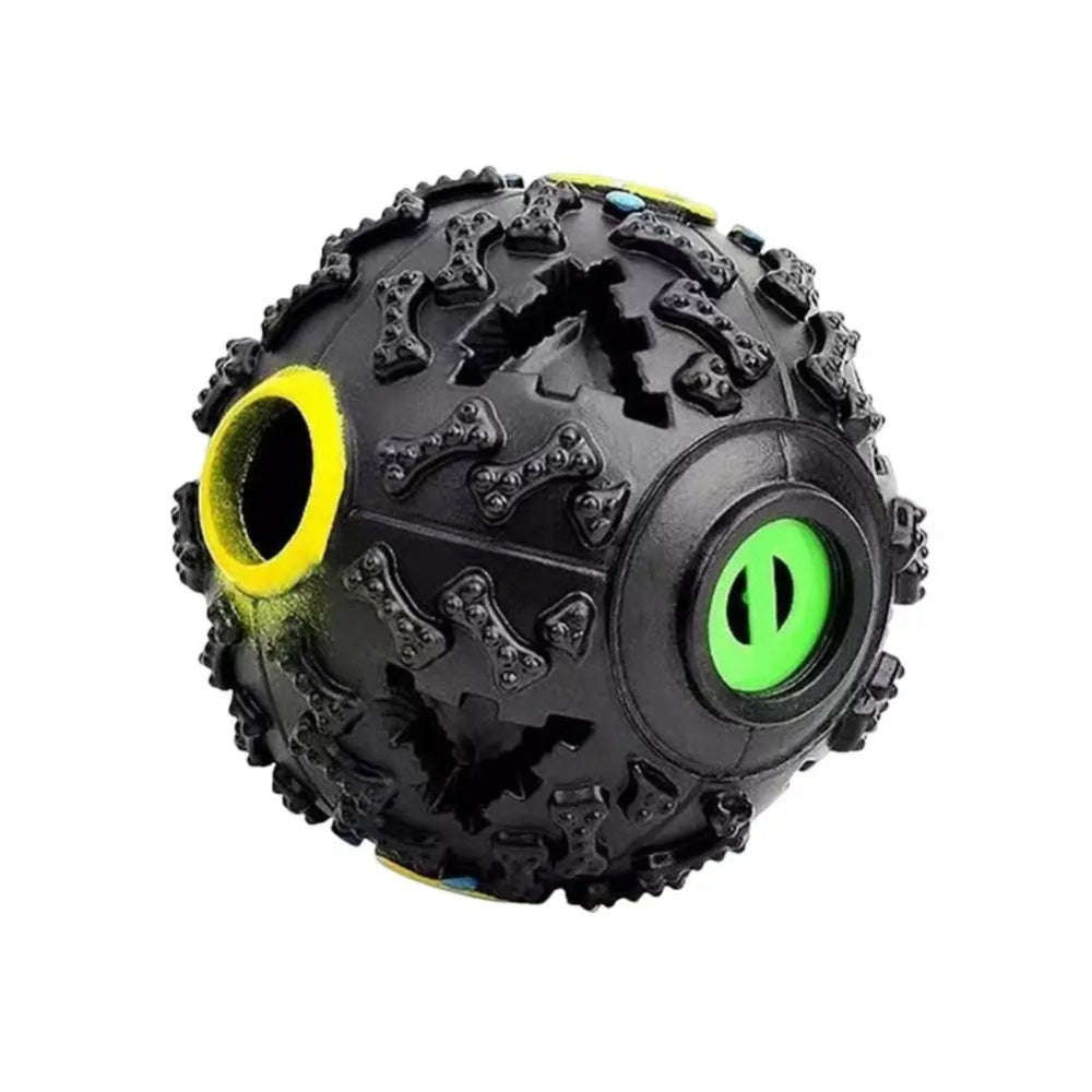 Black textured ball with green and yellow accents on a white background