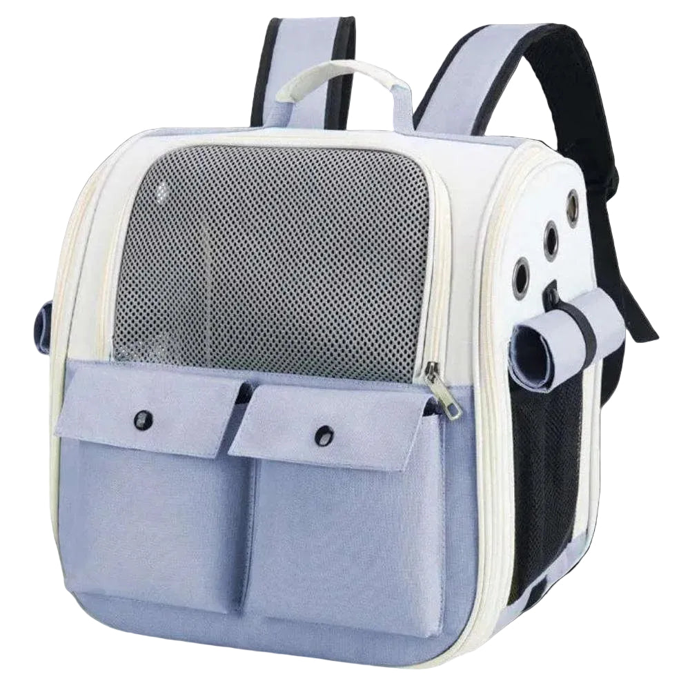 Pet carrier backpack with mesh window and handle on a white background