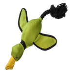 Green duck-shaped toy with a black rope on a white background