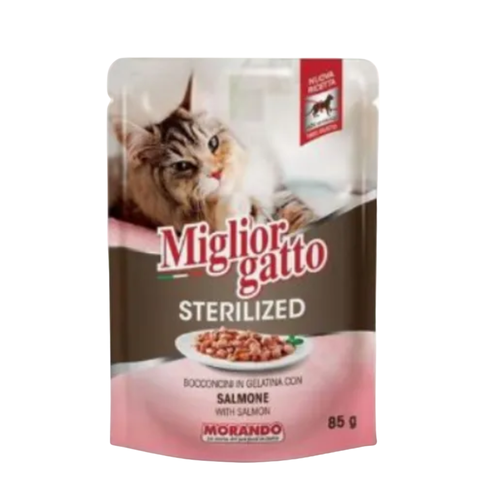 Cat food package for sterilized cats with a cat on the label, brand 'Miglior Gatto' visible.