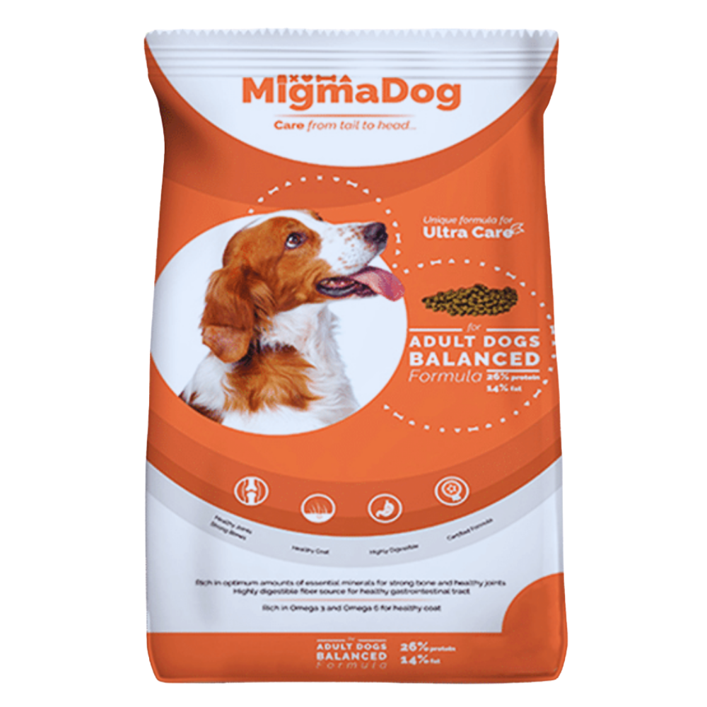 Dog food package with a dog on the label and 'MigmaDog' branding.