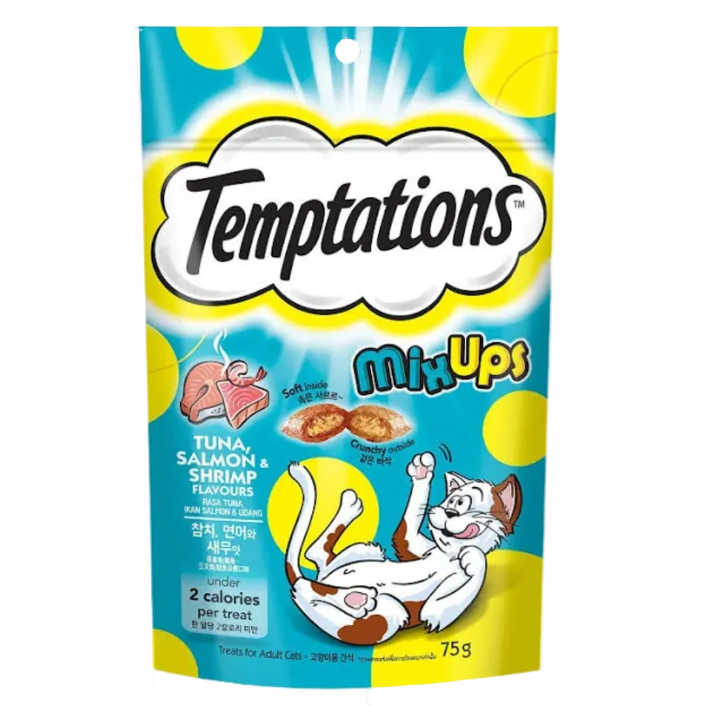 Temptations Mix Ups cat treat package with a cartoon cat on a blue and yellow background