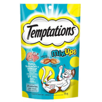 Temptations Mix Ups cat treat package with a cartoon cat on a blue and yellow background