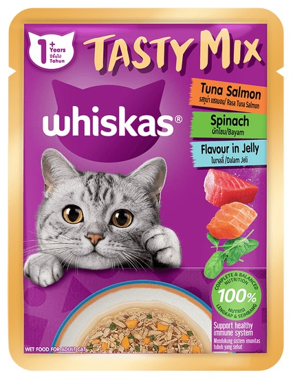 Whiskas Wet Food for Adult Cat Tasty Mix Jelly with Tuna, Salmon & Spinach 70g