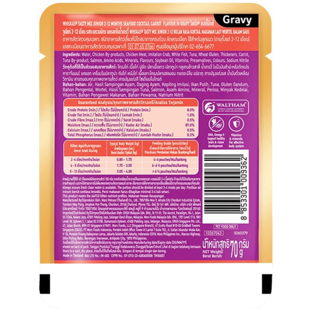 Back view of a Waltham pet food package with text and labels.