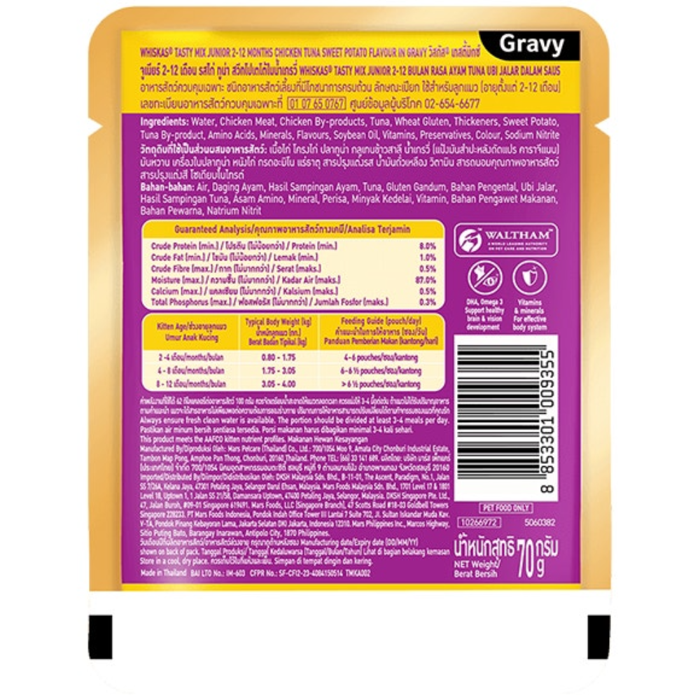 Back view of a Waltham pet food packaging with text and branding.