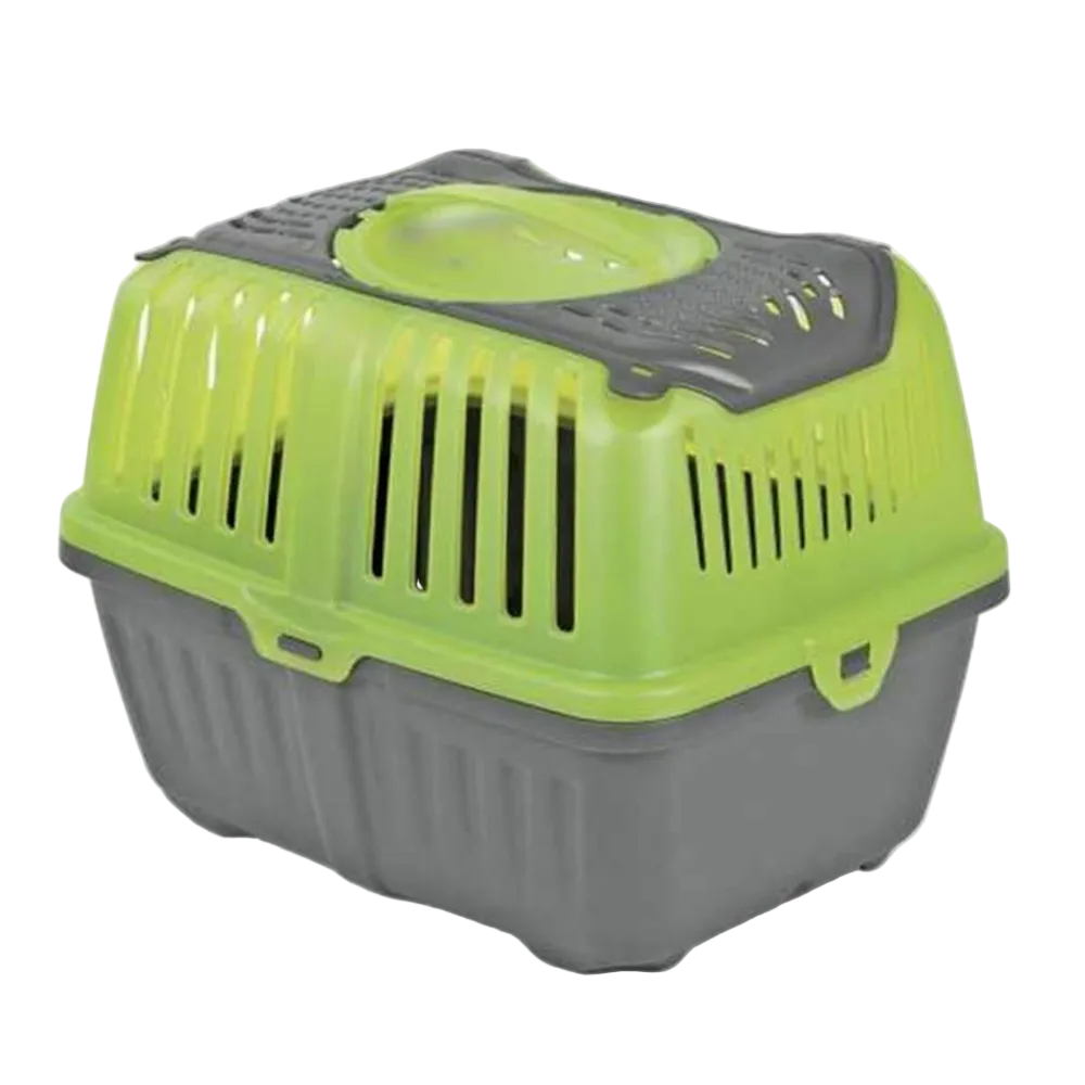 Pet carrier with green top and gray base on a white background