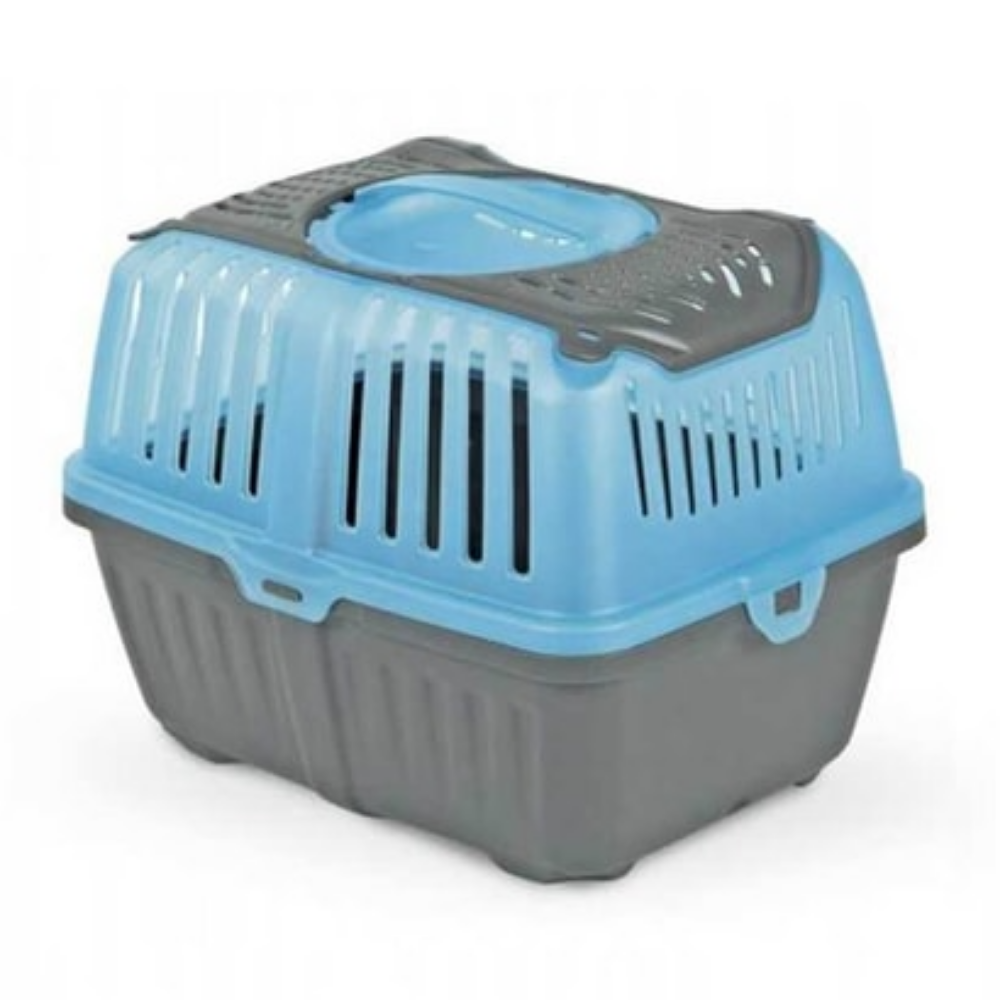 Pet carrier with blue top and gray sides on a white background