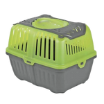 Pet carrier with green top and gray base on a white background