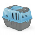 Pet carrier with blue top and gray sides on a white background