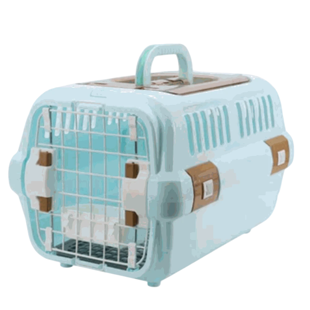 Pet carrier with a light blue exterior and brown accents on a white background