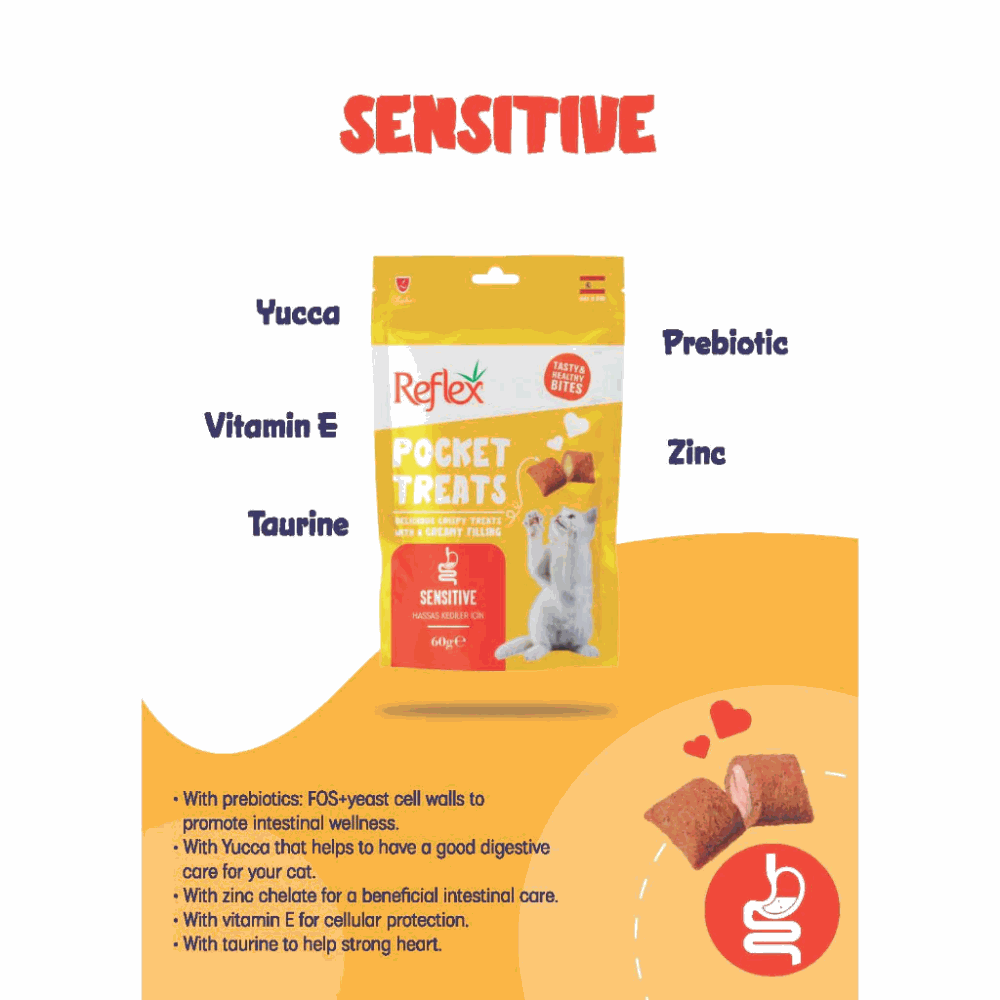 Package of Reflex Pocket Treats for cats with a focus on sensitive ingredients on a white background.