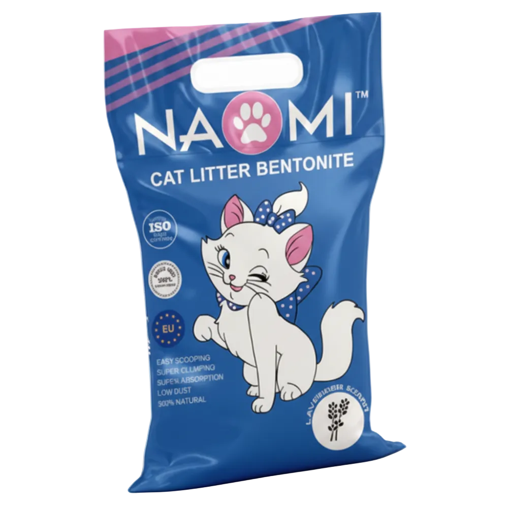 Naomi cat litter packaging with a cartoon cat on a white background