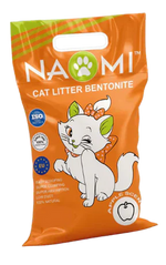 Naomi cat litter packaging with a cartoon cat on an orange background