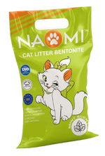 Green bag of Naomi cat litter with a cartoon cat on a white background