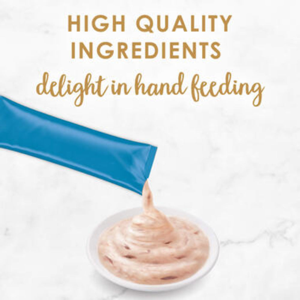 Blue packaging of a baby food product with text about high-quality ingredients on a white background.