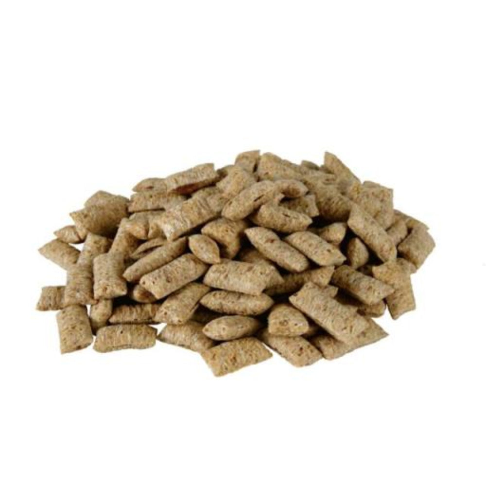 Pile of brown pet food on a white background