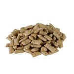 Pile of brown pet food on a white background