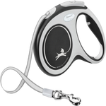 Retractable dog leash with black and silver design on a white background