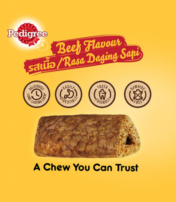 Pedigree beef-flavored dog treat on a yellow background with brand logo and product features.
