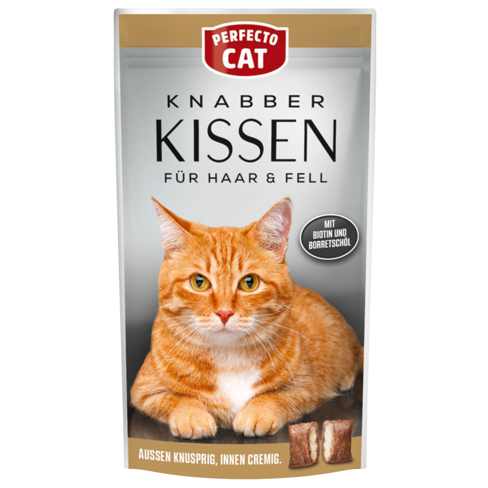 Catnip pillow packaging for cats with a cat illustration and Perfecto Cat branding.