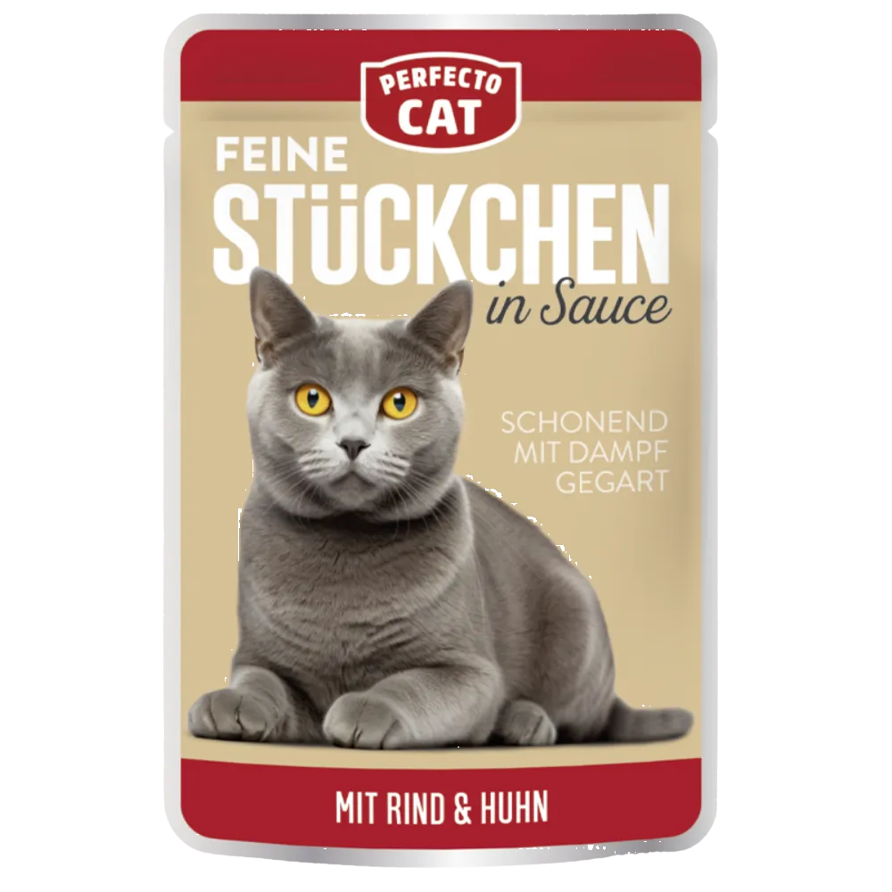 Cat food package with a gray cat on the label against a beige background