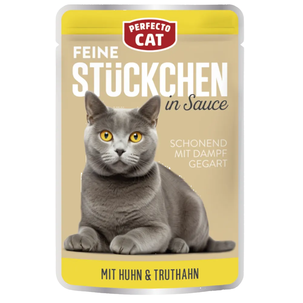 Cat food pouch with a gray cat on the label against a beige background