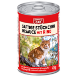 Can of Perfecto Cat cat food with a red label and a cat on the side, on a white background