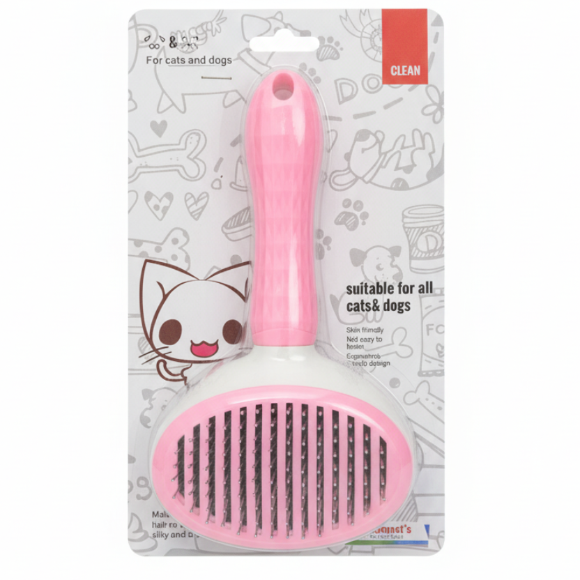 Pet grooming brush pink white background