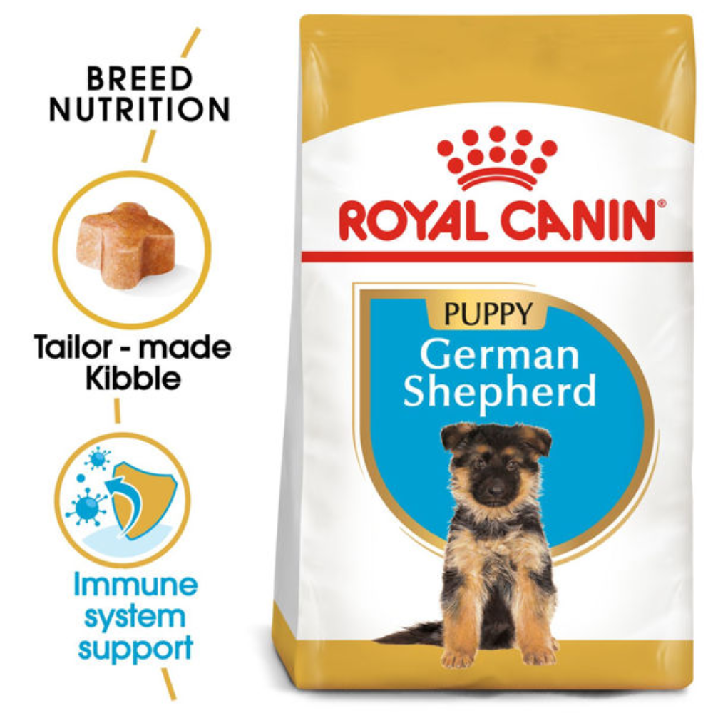 Royal Canin German Shepherd Puppy food packaging with key features highlighted.
