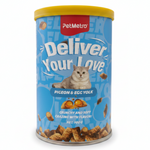 Pet food canister with blue label and yellow lid on a white background