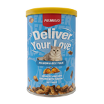 Pet food canister with blue label and yellow lid on a white background