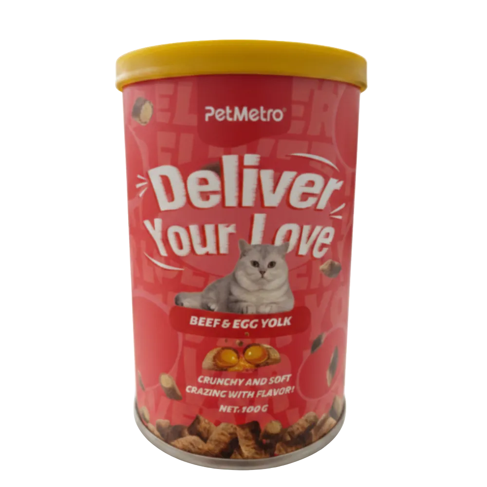 Pet food container with red label and yellow lid on a white background