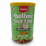 Pet food container with green label and yellow lid on a white background