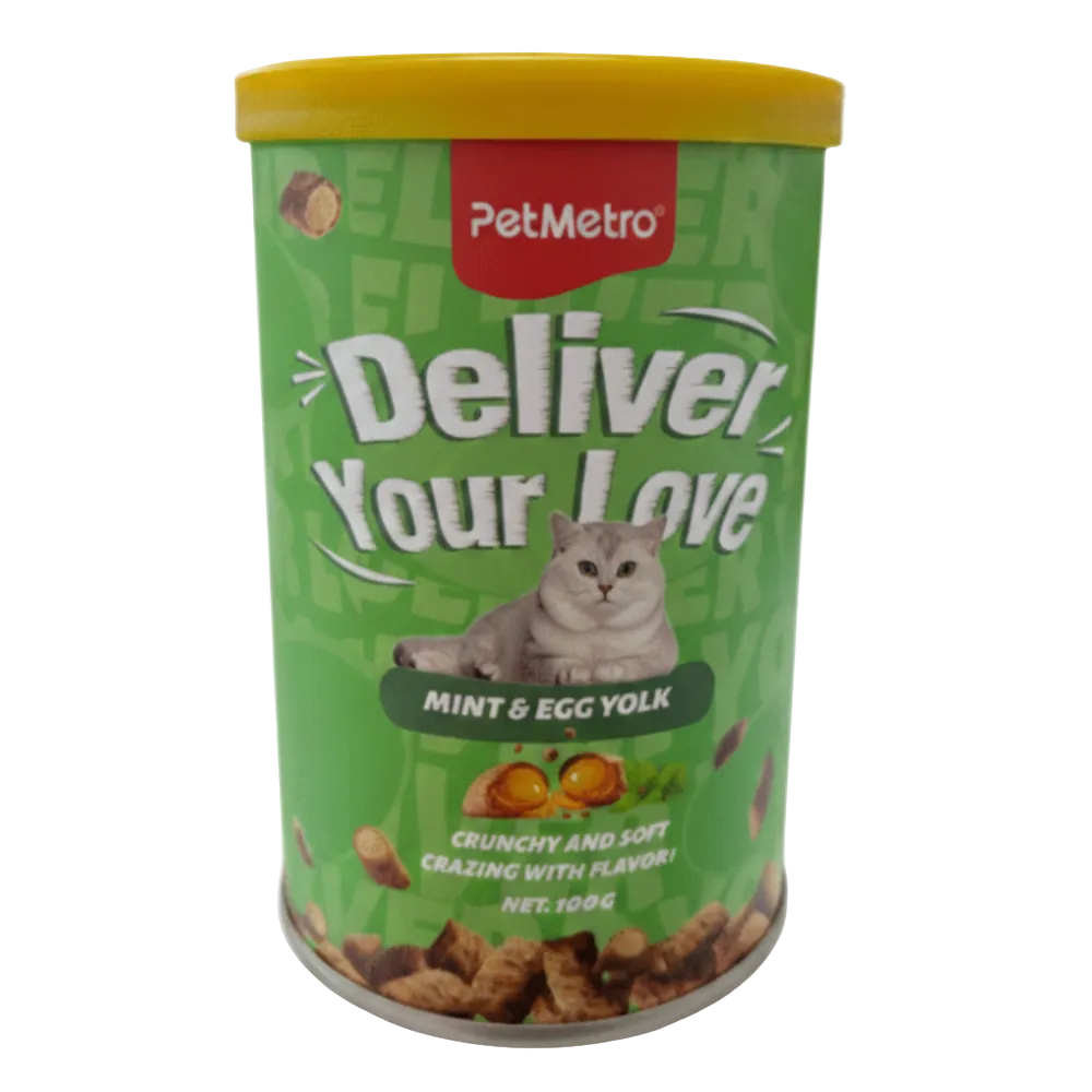 Pet food container with green label and yellow lid on a white background