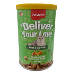 Pet food container with green label and yellow lid on a white background