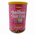 Pet food container with pink label and yellow lid on a white background