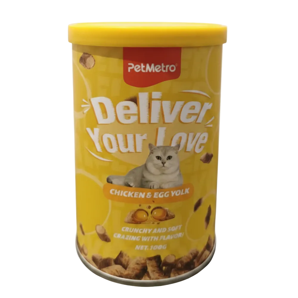 Yellow can of PetMetro cat food with a cat illustration on a white background