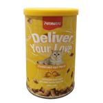 Yellow can of PetMetro cat food with a cat illustration on a white background