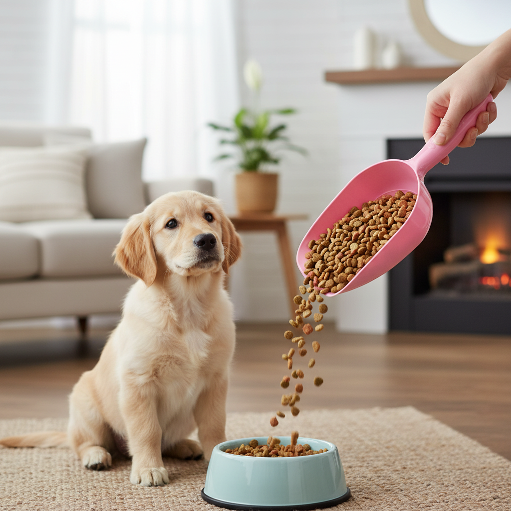 Pink scoop pouring dog food